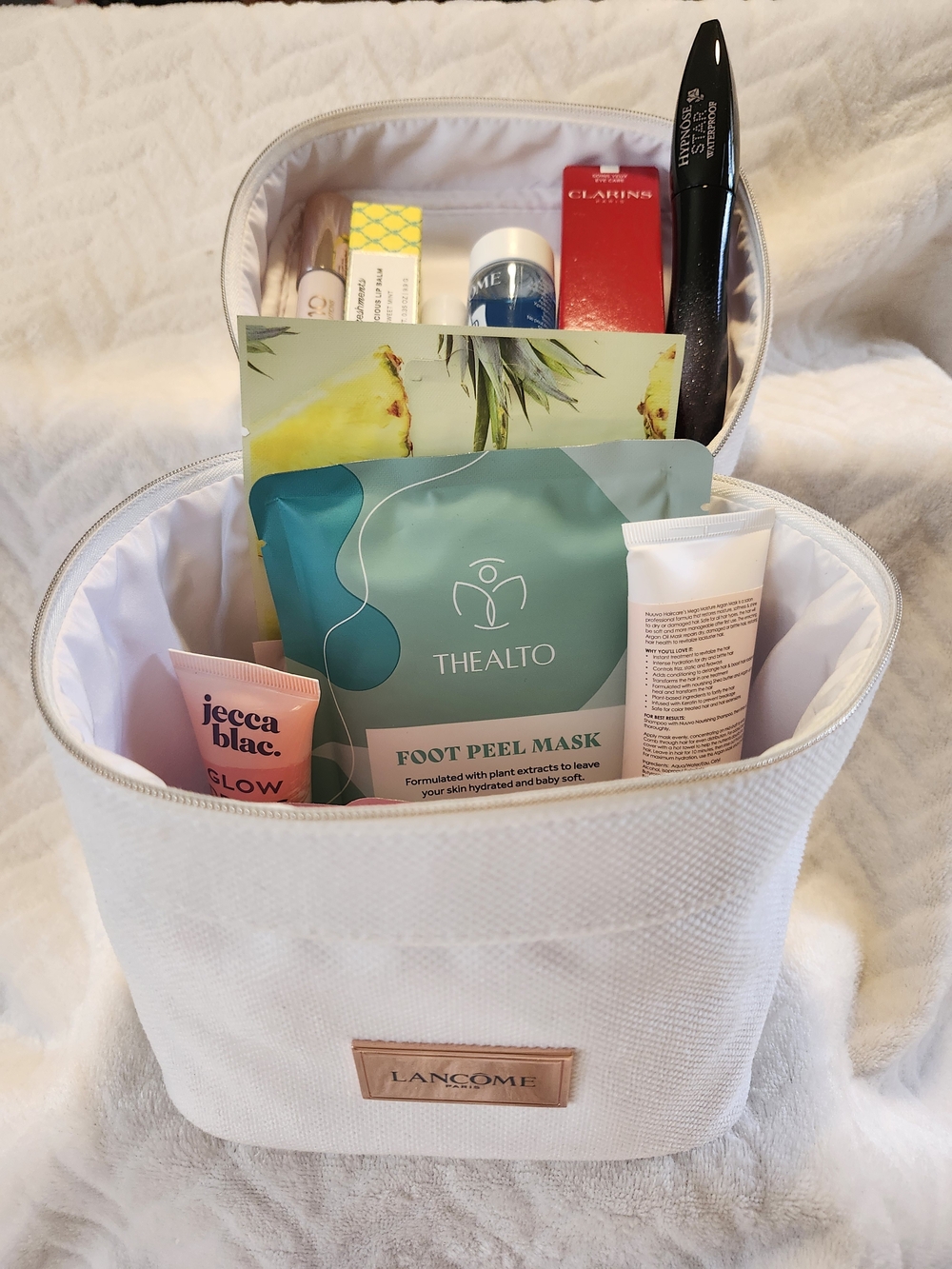 Lancôme White Canvas Cosmetic Train Case with Skincare & Makeup